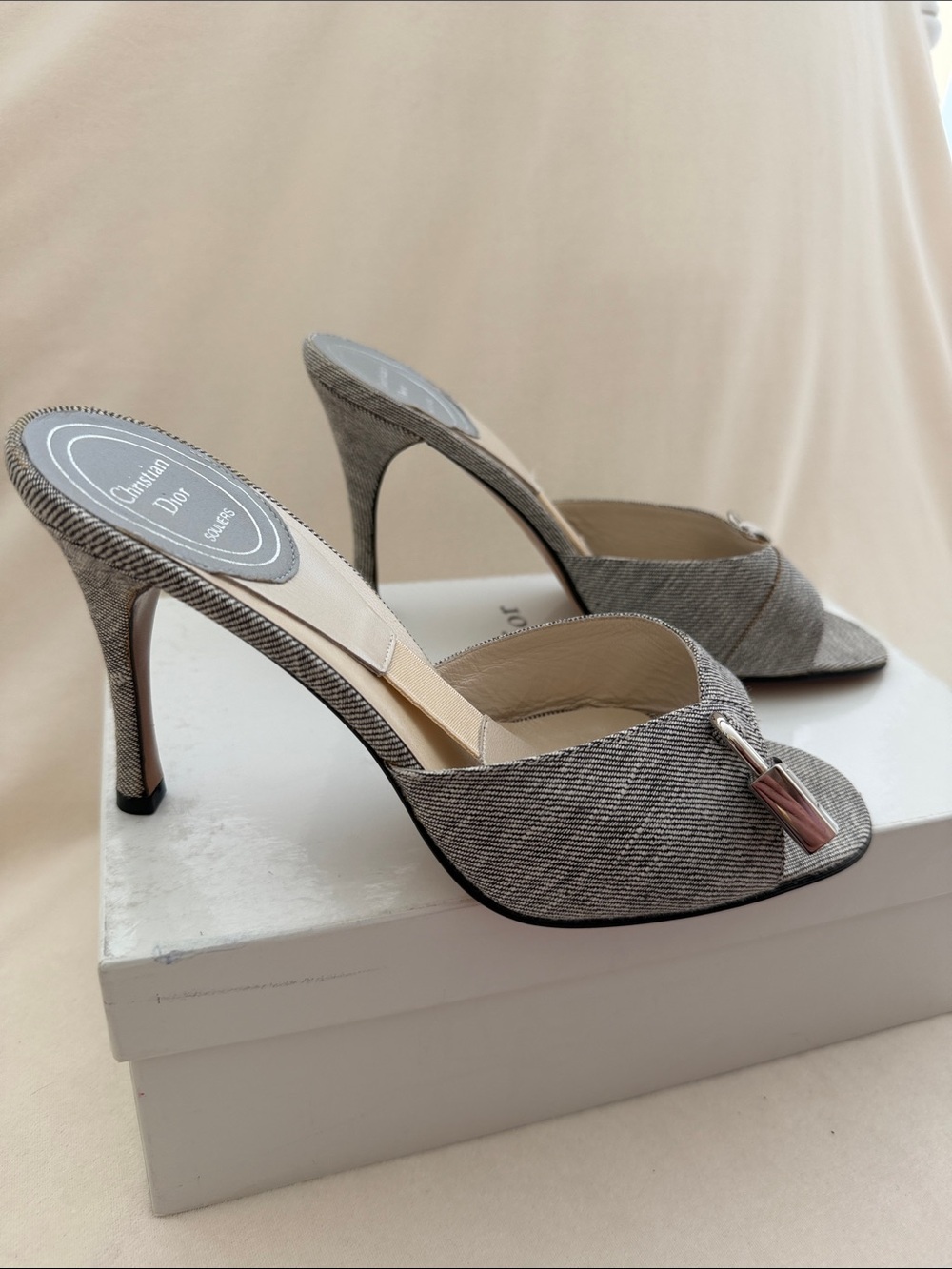 Dior Gray Denim Slide Mules with Signature Charms